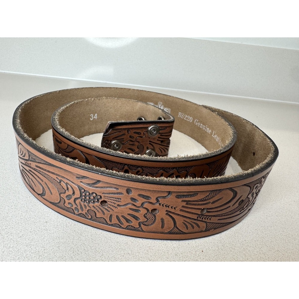 Belts Western Floral Tooled Leather Belt Lot 2 Tan White Snap 34 Genuine Leather - Picture 2 of 9